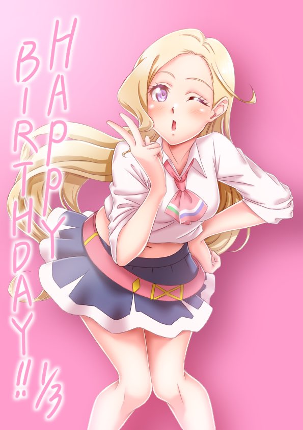 yossidragon, konohana aurora, ikizulive! love live! bluebird, love live!, commentary request, 1girl, black skirt, blonde hair, breasts, collared shirt, feet out of frame, gradient background, hand on own hip, inward v, leaning forward, love high school uniform, medium breasts, midriff, miniskirt, navel, neckerchief, pink background, pink neckerchief, purple eyes, school uniform, shirt, skirt, solo, v, white shirt