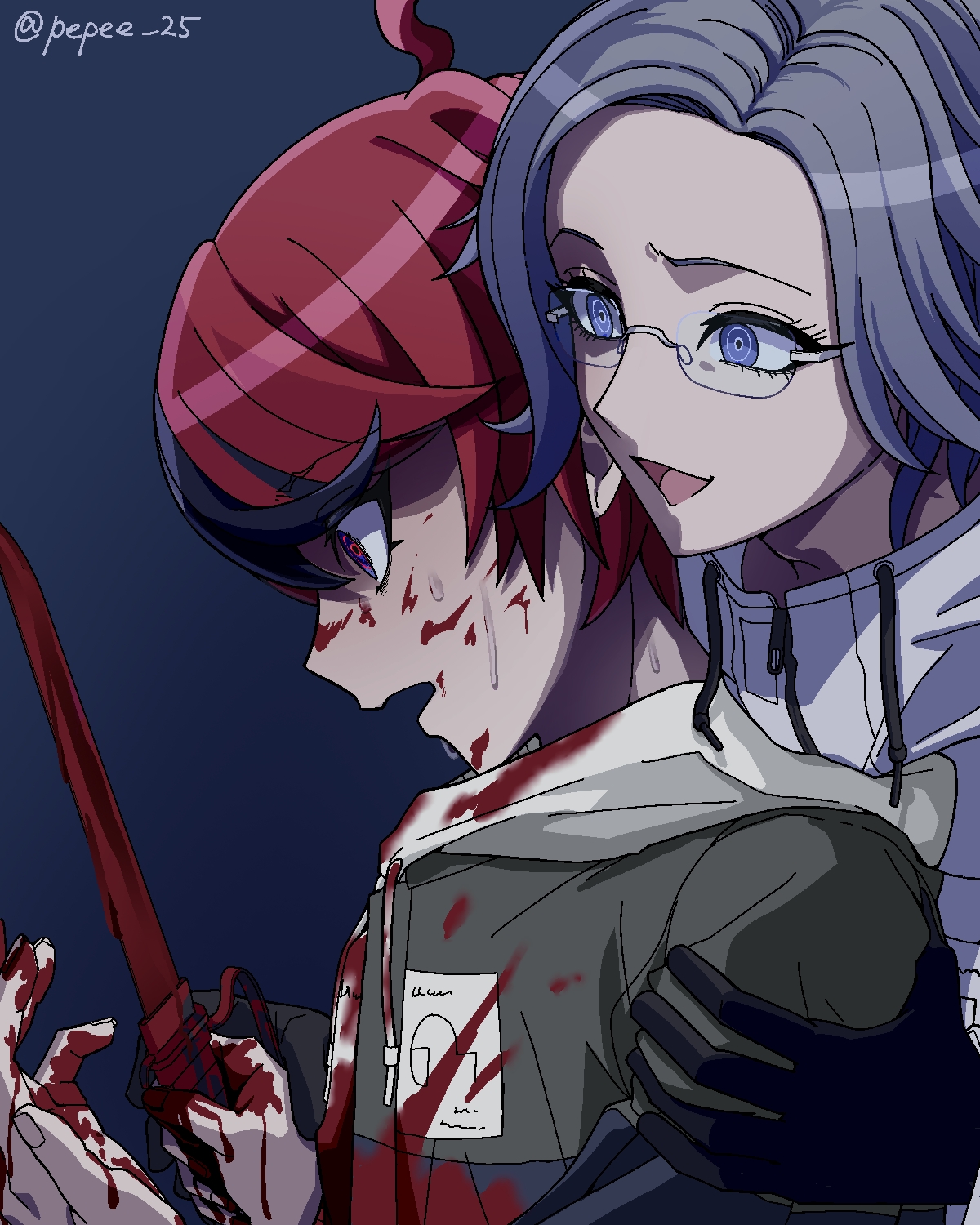 aotsuki eito, sumino takumi, the hundred line -last defense academy-, commentary request, highres, spoilers, 2boys, ahoge, black gloves, black jacket, black streaks, blood, blood on clothes, blood on face, bloody knife, blue eyes, drawstring, evil smile, glasses, gloves, grey background, grey hair, grey jacket, hand on another's arm, hood, hoodie, jacket, jacket over hoodie, knife, male focus, multicolored hair, multicolored jacket, multiple boys, nervous sweating, open clothes, open jacket, pepee 25, red hair, ringed eyes, short hair, smile, streaked hair, sweat, twitter username, two-tone hair, two-tone jacket, white hoodie, white jacket, zipper pull tab