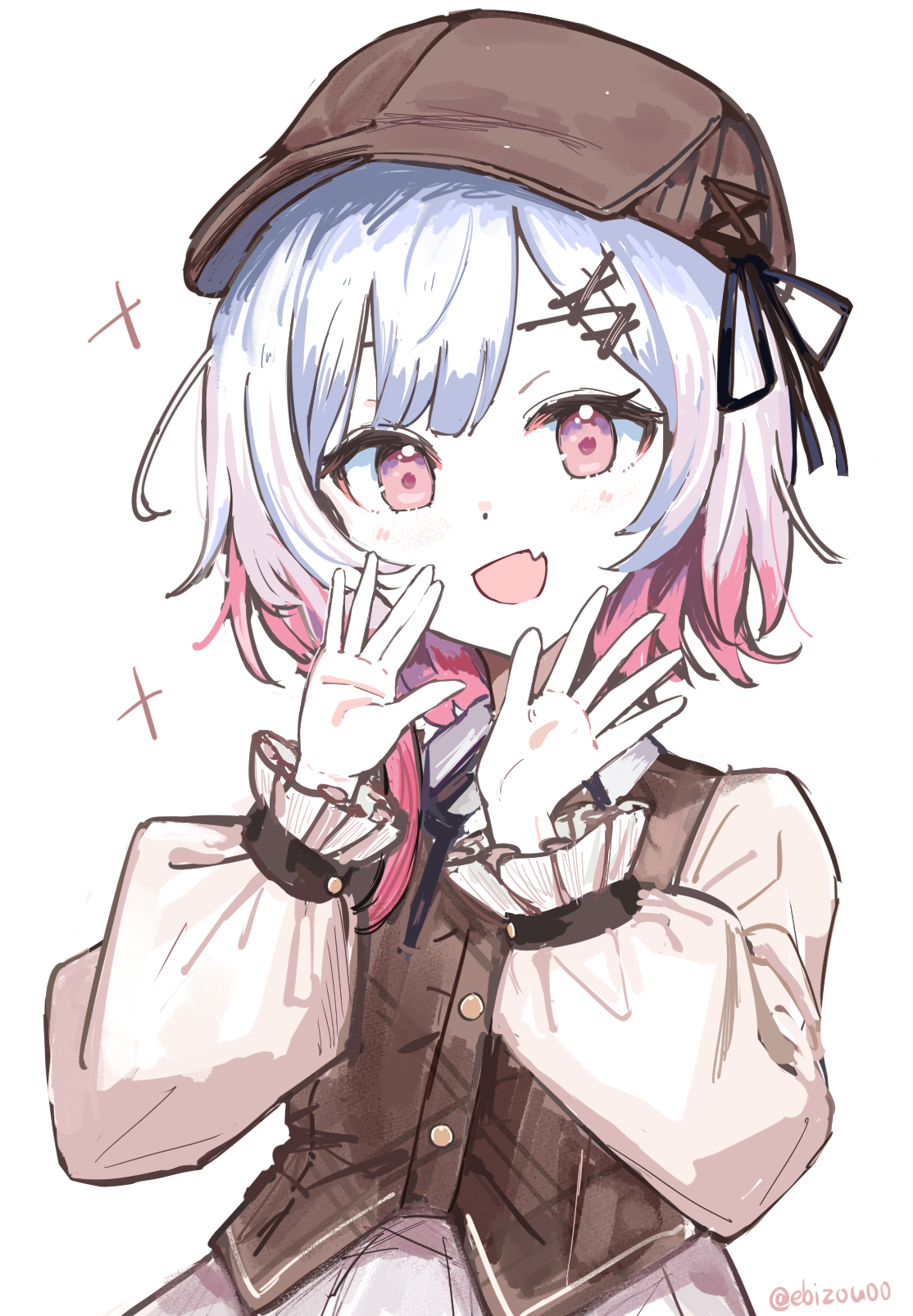 sakuraba ema, mahou shoujo no majo saiban, commentary request, highres, 1girl, :d, brown hat, brown vest, ebizou (ebizou00), fang, gradient hair, hair ornament, hat, looking at viewer, multicolored hair, open mouth, pink eyes, pink hair, simple background, skin fang, smile, solo, treasure cafe, vest, white background, white hair, x hair ornament