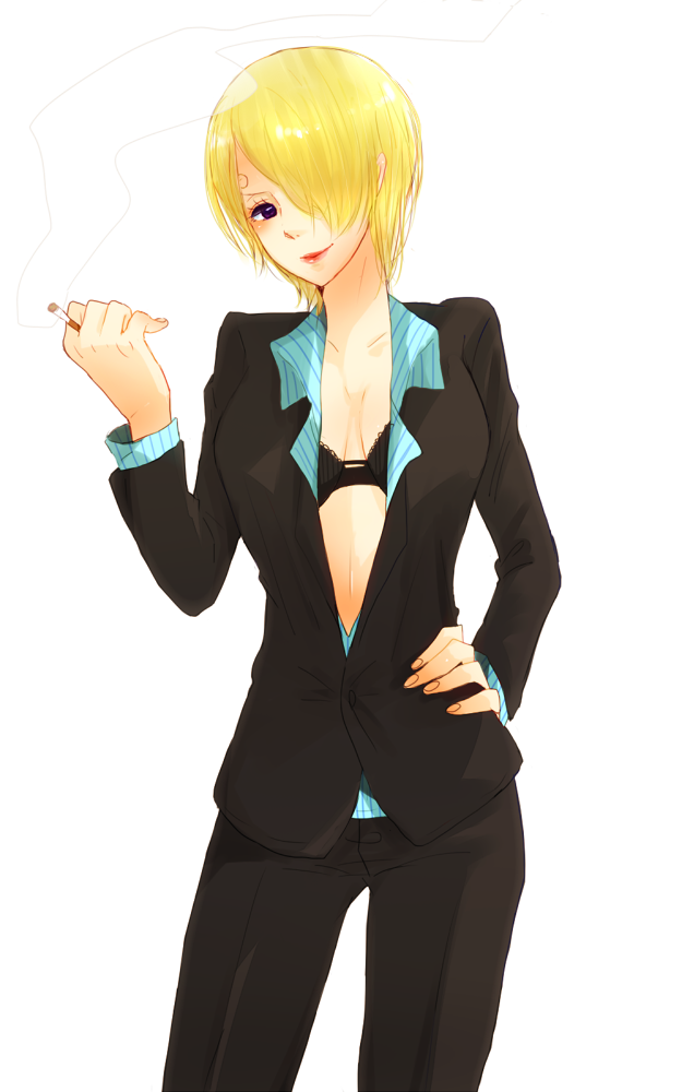 chibanezu, sanji (one piece), one piece, bad id, bad pixiv id, 1girl, blonde hair, blue eyes, bra, breasts, cigarette, cleavage, female focus, formal clothes, genderswap, genderswap (mtf), hair over one eye, hand on own hip, hip focus, lingerie, lipstick, makeup, pant suit, pants, short hair, small breasts, smile, solo, suit, tuxedo, underwear