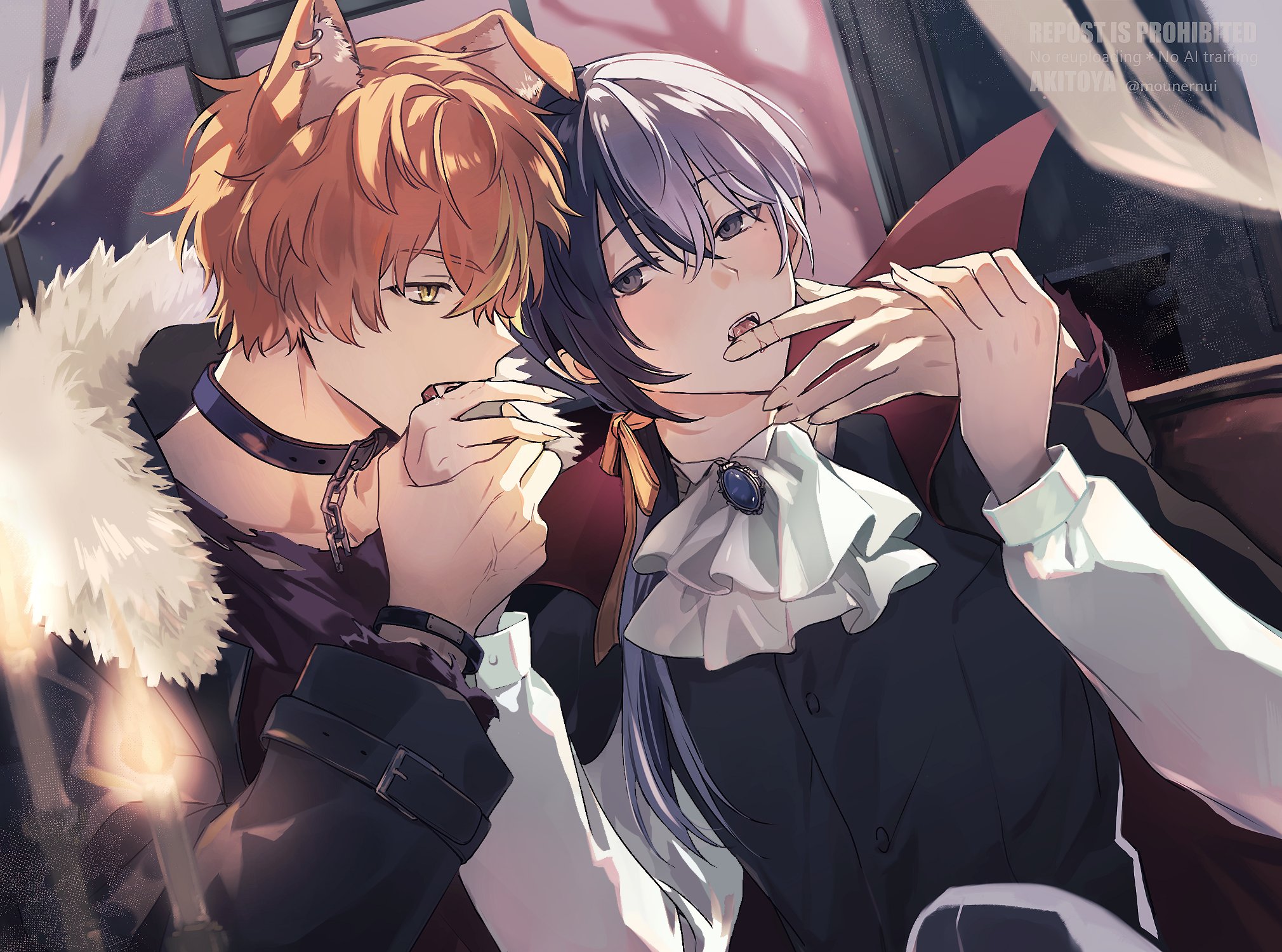 mounernui, aoyagi touya, shinonome akito, project sekai, commentary request, highres, 2boys, animal ears, belt collar, biting, blonde hair, blood, blue hair, bracelet, collar, dog ears, fangs, fur trim, hair between eyes, hand grab, hands up, jewelry, long sleeves, looking at another, male focus, multicolored hair, multiple boys, open mouth, orange hair, short hair, split-color hair, streaked hair, two-tone hair, vampire, watermark, yaoi, yellow eyes