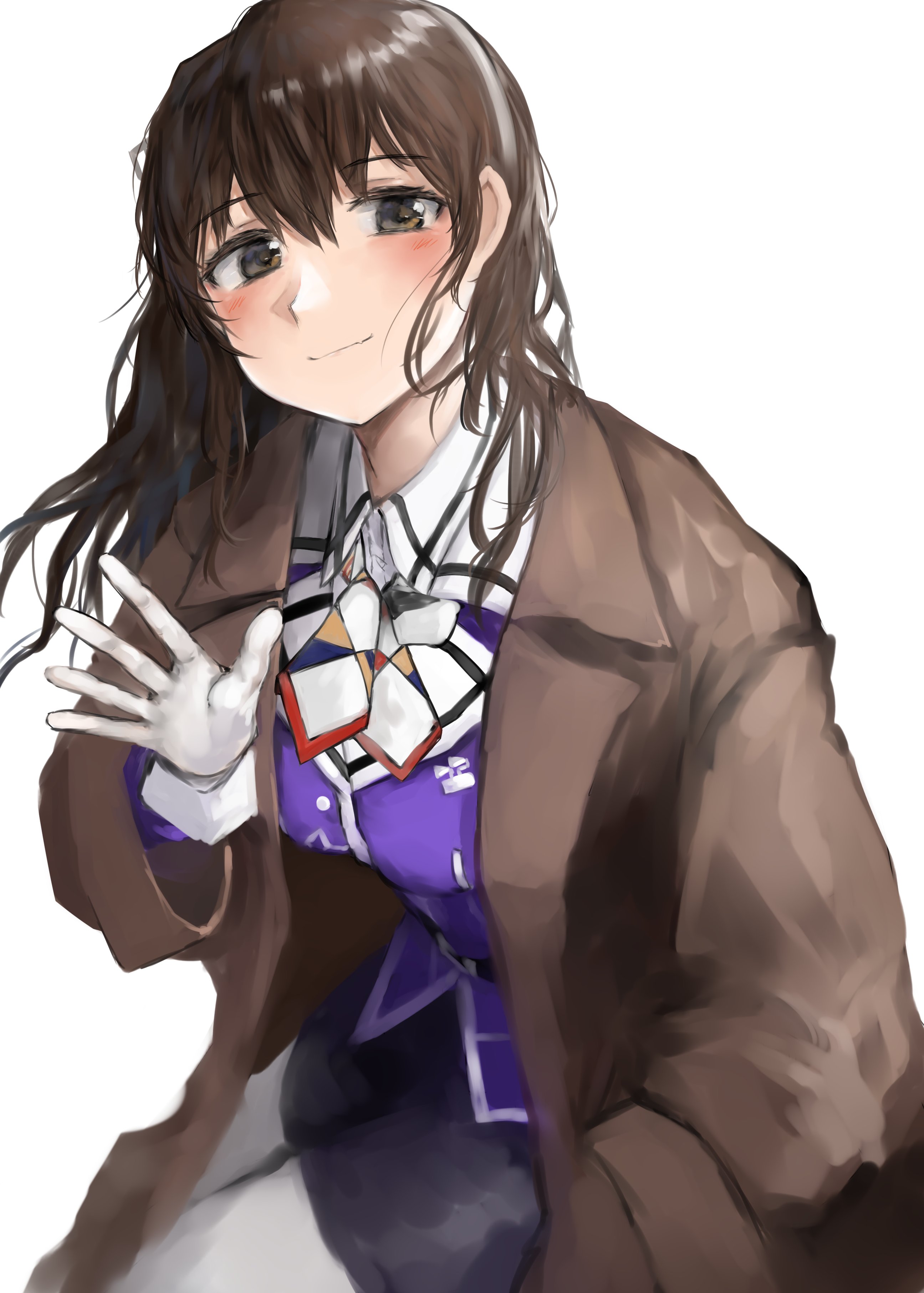 73suke, ashigara (kancolle), ashigara kai ni (kancolle), kantai collection, absurdres, commentary request, highres, 1girl, blush, brown eyes, brown hair, brown jacket, cowboy shot, gloves, hair between eyes, hair ornament, hairband, jacket, long hair, long sleeves, looking at viewer, military uniform, neckerchief, pantyhose, pencil skirt, print neckerchief, purple jacket, shirt, skirt, smile, wavy hair, white background, white gloves, white hairband, white pantyhose