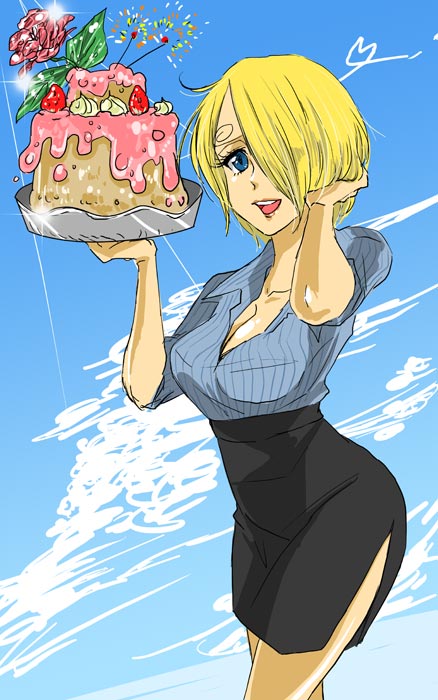 yuhu, sanji (one piece), one piece, bad id, bad pixiv id, 1girl, black dress, blonde hair, blue background, blue eyes, breasts, cake, cleavage, day, dress, flower, food, genderswap, genderswap (mtf), hair over one eye, high-waist skirt, large breasts, lipstick, makeup, open mouth, pastry, shirt, short hair, skirt, sky, smile, tray
