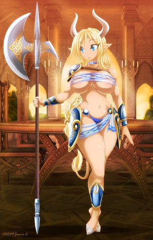 jessica elwood (artist), lowres, armor, axe, breasts, celtic, horns, large breasts, long hair, table, tail, weapon