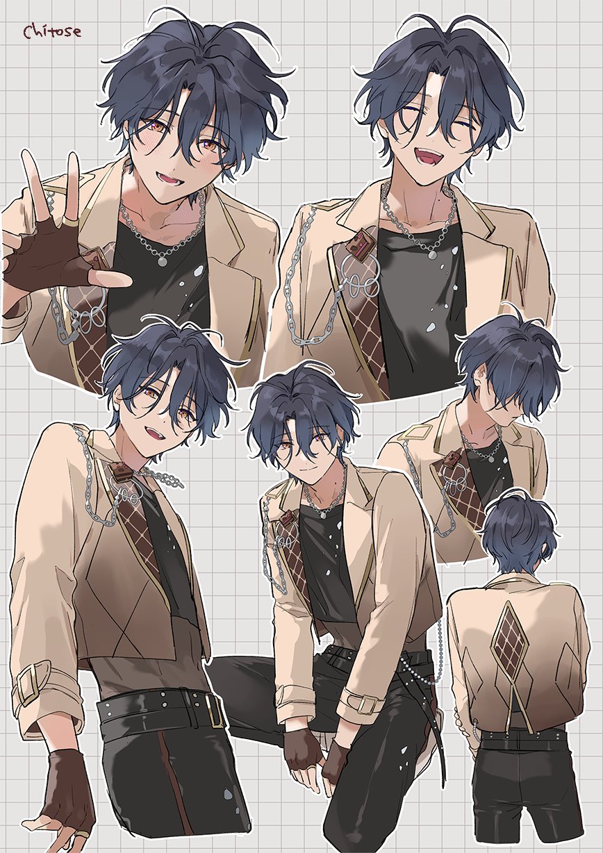 mc copycat, ensemble stars!, highres, 1boy, belt, black belt, black pants, blue hair, brown gloves, brown jacket, character name, closed mouth, fingernails, gloves, grid background, hand up, invisible chair, jacket, jewelry, lapels, long sleeves, looking at viewer, male focus, multiple views, necklace, notched lapels, open clothes, open jacket, open mouth, orange eyes, outstretched hand, pants, short hair, sitting, smile, teeth, tsuzura chitose