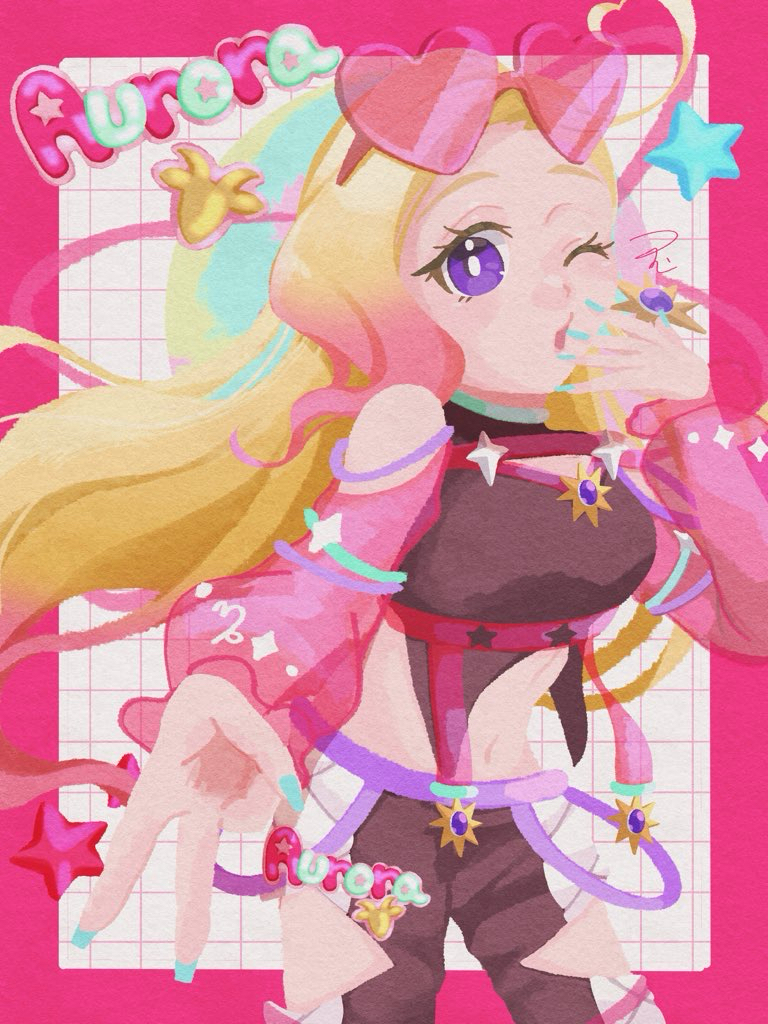 tsumutsumumumu, konohana aurora, ikizulive! love live! bluebird, love live!, commentary request, 1girl, black pants, blonde hair, breasts, character name, clothing cutout, cowboy shot, eyewear on head, gradient hair, grid background, gyaru v, heart, heart-shaped eyewear, long sleeves, looking at viewer, medium breasts, multicolored hair, navel, no lineart, one eye closed, pants, parted lips, pink hair, pink sleeves, purple eyes, rimless eyewear, see-through clothes, see-through sleeves, solo, stomach, sunglasses, thigh cutout, v