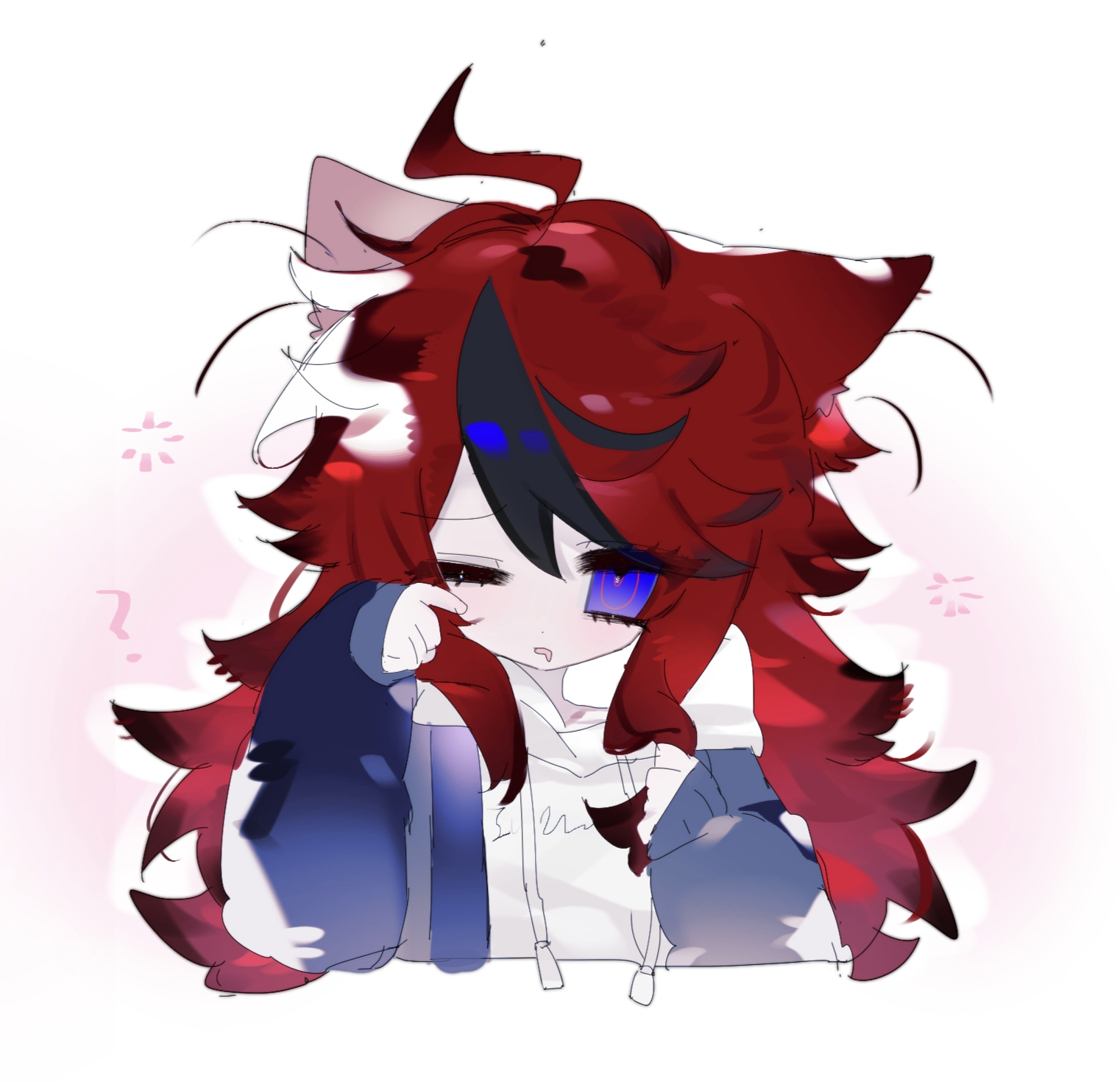 sumino takumi, the hundred line -last defense academy-, commentary, highres, 1girl, ?, ahoge, animal ears, black hair, blue eyes, blue jacket, cat ears, cropped torso, drawstring, drooling, eyelashes, genderswap, genderswap (mtf), goupaifentiao, grey jacket, hood, hood down, hoodie, jacket, jacket over hoodie, kemonomimi mode, long hair, long sleeves, mouth drool, multicolored hair, multicolored jacket, one eye closed, open clothes, open jacket, open mouth, red hair, rubbing eyes, sleepy, sleeves past wrists, solo, squeans, streaked hair, two-tone hair, two-tone jacket, white hoodie