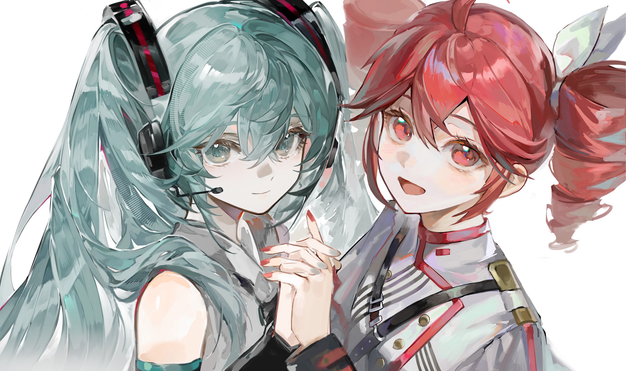 qi xia, hatsune miku, kasane teto, kasane teto (sv), synthesizer v, utau, vocaloid, artist collaboration, commentary request, highres, 2girls, aqua eyes, aqua hair, aqua nails, drill hair, hair ribbon, headset, holding hands, interlocked fingers, looking at viewer, multiple girls, red eyes, red hair, red nails, red trim, ribbon, shenxian nizhao, shoulder belt, simple background, twin drills, twintails, upper body, white background, white ribbon