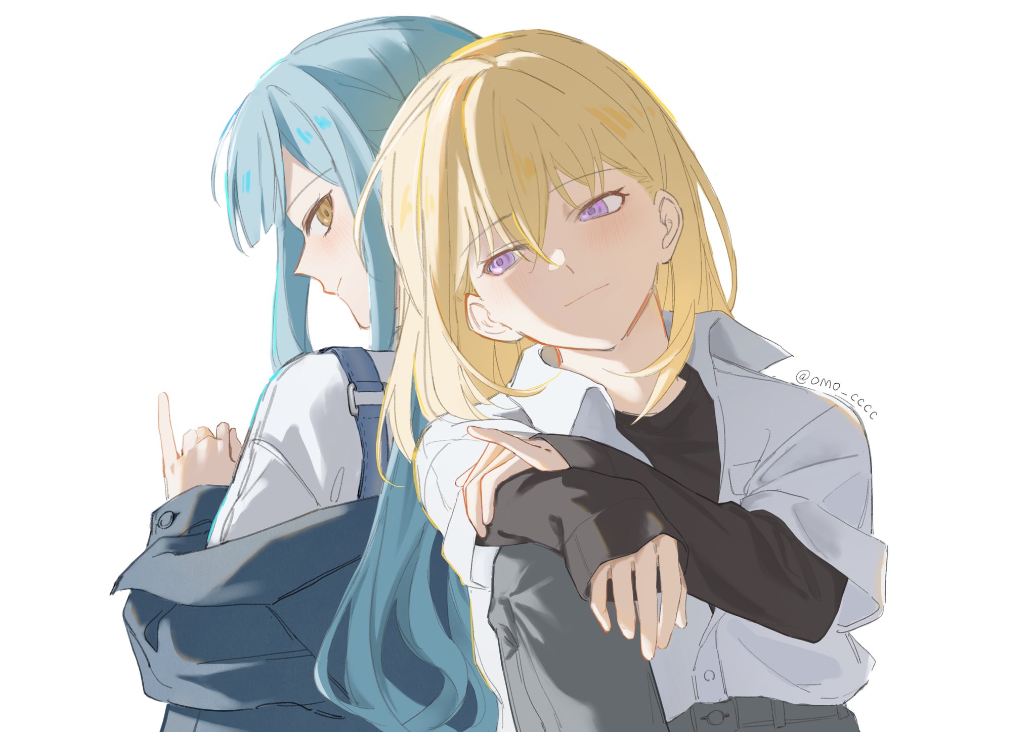 omo cccc, misumi uika, togawa sakiko, bang dream!, bang dream! it's mygo!!!!!, commentary, hashtag-only commentary, highres, 2girls, black shirt, blonde hair, blue hair, blue jacket, grey pants, hair between eyes, jacket, layered sleeves, long hair, long sleeves, medium hair, multiple girls, pants, pinky out, purple eyes, shirt, short over long sleeves, short sleeves, simple background, suspenders, white background, white shirt, yellow eyes