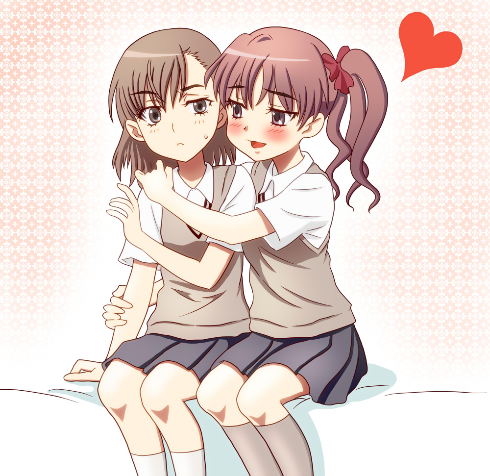 chunpai, misaka mikoto, shirai kuroko, toaru kagaku no railgun, toaru majutsu no index, 00s, 2girls, bed, blush, brown eyes, brown hair, heart, hug, long hair, multiple girls, school uniform, short hair, sweater vest, yuri