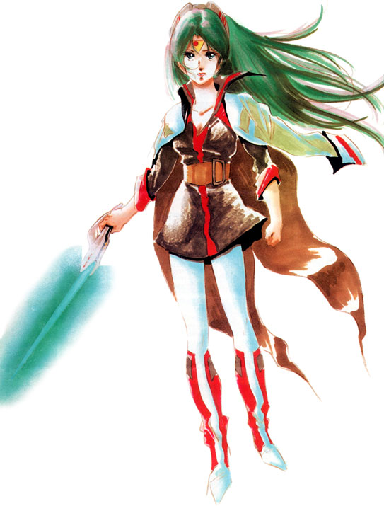 mikimoto haruhiko, athena henderson, chiram, choujikuu seiki orguss, orguss, 1980s (style), official art, traditional media, 1girl, badge, belt, boots, energy sword, female focus, full body, green eyes, green hair, knee boots, lightsaber, matching hair/eyes, military, military uniform, oldschool, pantyhose, production art, retro artstyle, science fiction, simple background, solo, standing, sticker, sword, weapon