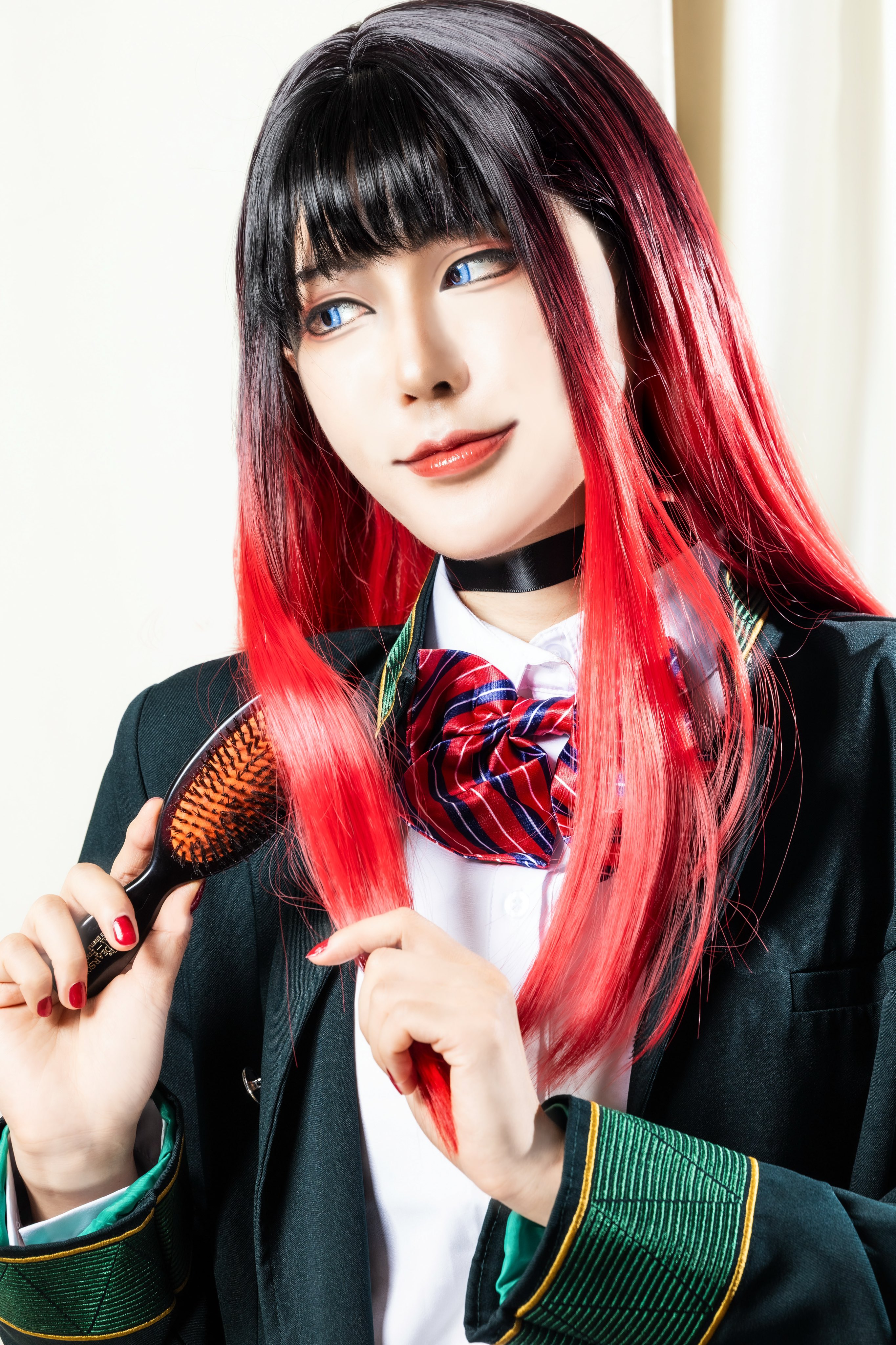 034 cos, tsubakino tasuku, real life, wind breaker (nii satoru), absurdres, commentary, cosplay photo, highres, photo (medium), 1boy, androgynous, black choker, black hair, black skirt, blue eyes, blunt bangs, boots, bow, bowtie, brushing hair, building, choker, closed mouth, coat, cosplay, green coat, hair brush, high heel boots, high heels, indoors, japanese (nationality), light smile, long coat, long sleeves, looking at viewer, male focus, multicolored hair, plated skirt, purple bow, purple bowtie, red hair, red lips, red nails, school uniform, shadow, shirt, sideways glance, skirt, skyscraper, solo, standing, streaked hair, trap, tsubakino tasuku (cosplay), upper body, white shirt