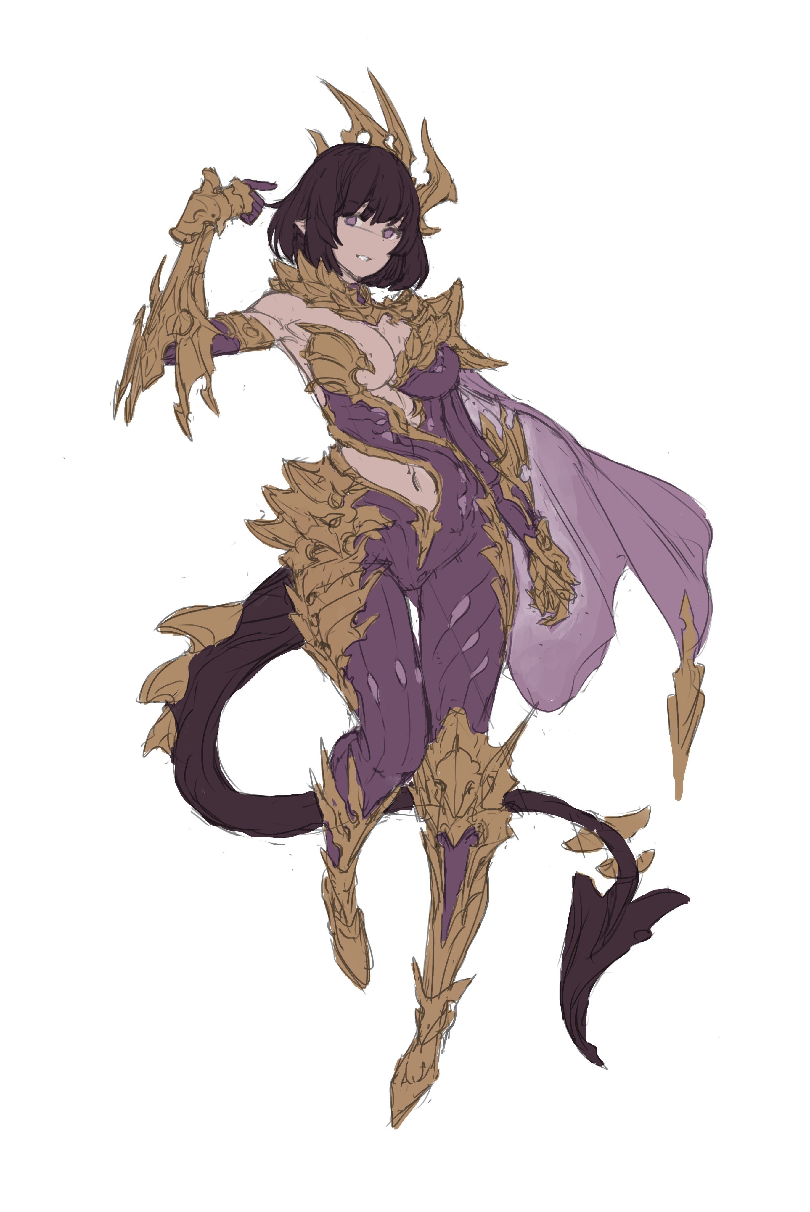 nrcgray, absurdres, highres, tagme, 1girl, black hair, bodysuit, breasts, cleavage, dragon girl, medium breasts, short hair, simple background, tail, white background