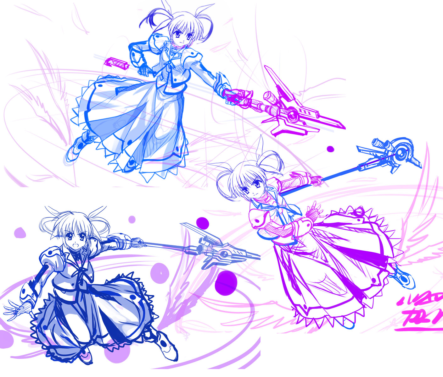 mutsuki (moonknives), raising heart, raising heart (cannon mode), raising heart (device mode) (1st), takamachi nanoha, takamachi nanoha (movie 1st mode), lyrical nanoha, mahou shoujo lyrical nanoha, mahou shoujo lyrical nanoha a's, mahou shoujo lyrical nanoha strikers, mahou shoujo lyrical nanoha the movie 1st, seven arcs, highres, 00s, 10s, 1girl, gloves, monochrome, multiple monochrome, sketch