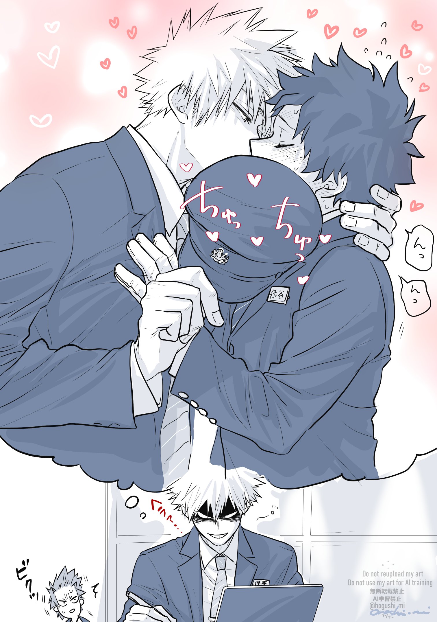 oroshi mi, bakugou katsuki, kirishima eijiro, midoriya izuku, boku no hero academia, commentary request, highres, 3boys, arm up, buttoned cuffs, buttons, closed eyes, collared shirt, flying sweatdrops, freckles, grin, hand on another's neck, hat, heart, holding, holding stylus, holding unworn clothes, holding unworn hat, jacket, kiss, lapels, layered sleeves, long sleeves, looking at another, male focus, multiple boys, necktie, notched lapels, partially shaded face, shirt, short hair, smile, speech bubble, spiked hair, spoken character, stylus, suit jacket, teeth, thought bubble, unworn hat, unworn headwear, watermark, wing collar, yaoi