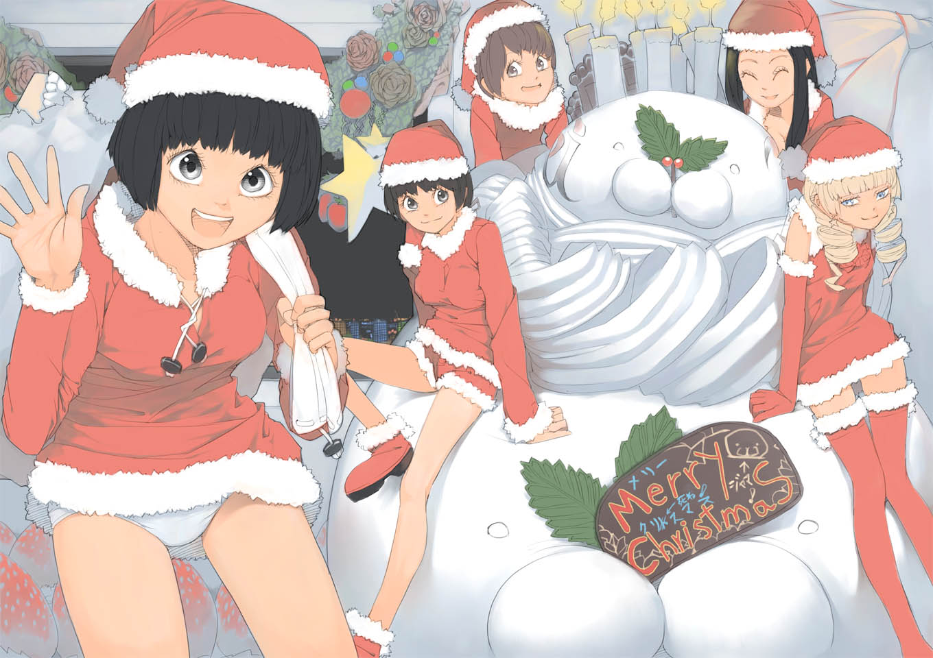 akinbo (hyouka fuyou), 5girls, black eyes, black hair, blonde hair, brown eyes, brown hair, christmas, cross-eyed, drill hair, multiple girls, panties, pantyshot, santa costume, thighhighs, underwear, white panties