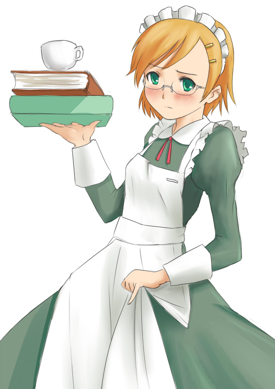 ginjyasei, godo tsukumi, godou tsugumi, tokimeki memorial, tokimeki memorial 4, 1girl, balancing, blush, book, cup, female focus, glasses, green eyes, maid, pinky out, solo, teacup