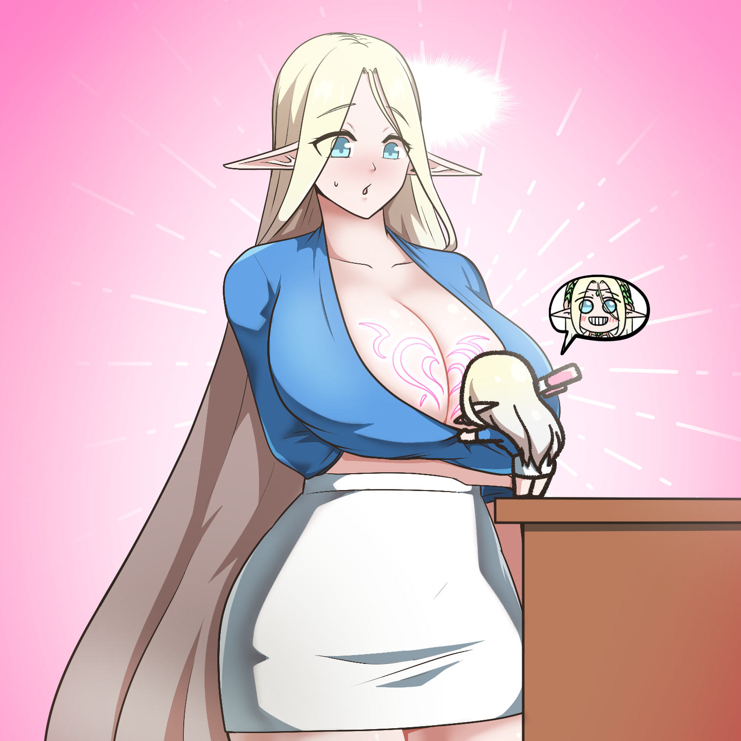 cerestia of life, clooliss, last origin, commentary request, highres, korean commentary, 2girls, alternate costume, blue eyes, body markings, breasts, chibi, cleavage, elf, glowing markings, gradient background, huge breasts, long hair, marker, mini person, minigirl, multiple girls, pointy ears, shirt, skirt, smile, sweatdrop, table, very long hair