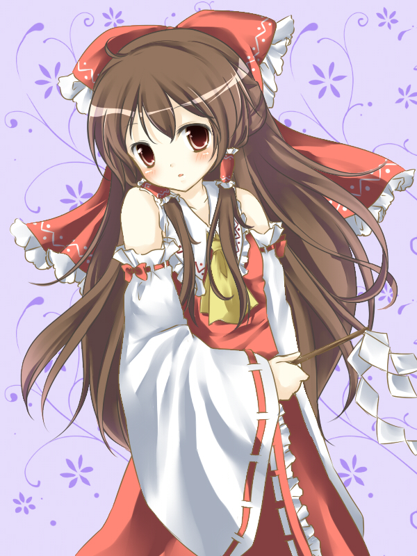 ayase miko, hakurei reimu, touhou, 1girl, blush, bow, brown hair, detached sleeves, female focus, gohei, hair bow, head tilt, japanese clothes, long hair, miko, oonusa, red eyes, solo