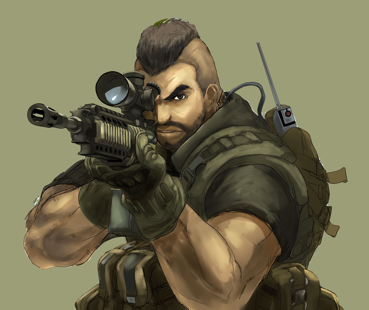 640mb, painkiller (artist), soap (modern warfare 2), soap mactavish, call of duty, call of duty: modern warfare 2, 1boy, aiming, assault rifle, backpack, bag, beard, brown eyes, brown hair, buckle, facial hair, gloves, green background, gun, m14 ebr, m4 carbine, male focus, military, military operator, military uniform, mohawk, muscular, randoseru, rifle, scope, short hair, simple background, snap-fit buckle, solo, tattoo, weapon