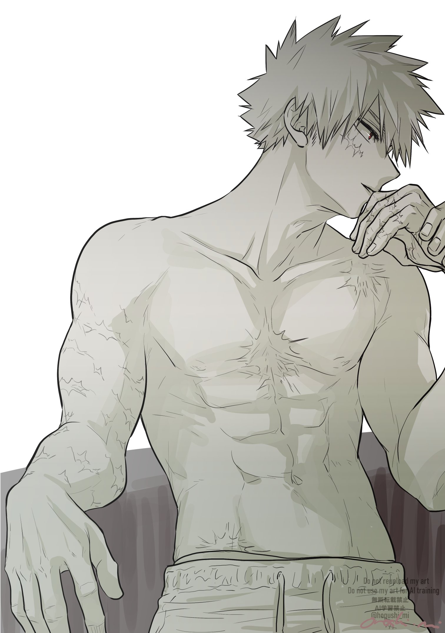 oroshi mi, bakugou katsuki, midoriya izuku, boku no hero academia, commentary, highres, symbol-only commentary, 2boys, abs, cowboy shot, drawstring, facial scar, holding another's wrist, kiss, kissing hand, looking to the side, male focus, multiple boys, multiple scars, navel, nipples, out of frame, pants, parted bangs, parted lips, pectorals, scar, scar on arm, scar on cheek, scar on chest, scar on face, scar on hand, scar on shoulder, short hair, simple background, solo focus, spiked hair, sweatpants, toned, toned male, topless male, white background, yaoi