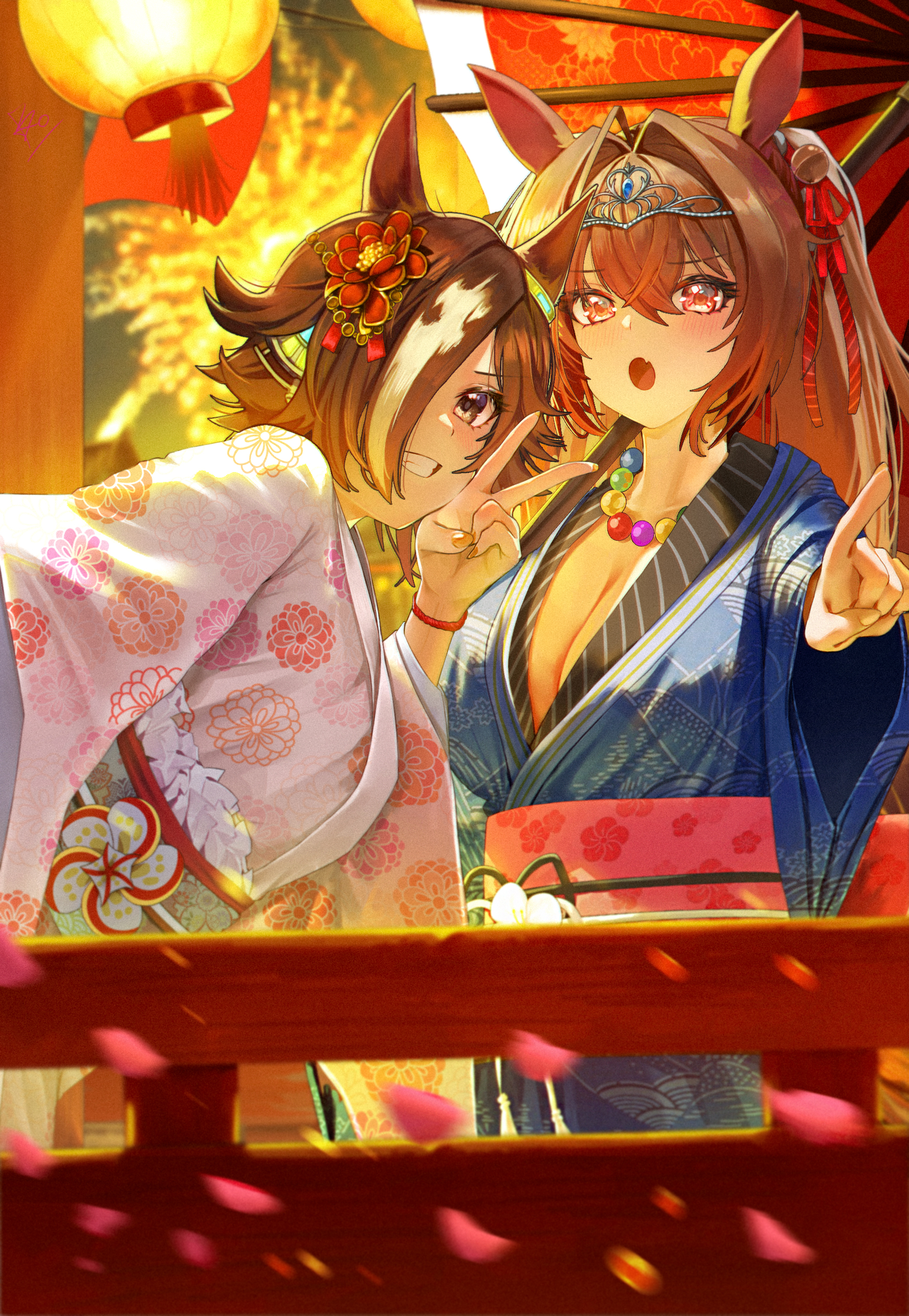 bao (pixiv 99415611), daiwa scarlet (umamusume), vodka (umamusume), umamusume, absurdres, commentary, english commentary, highres, 2girls, aerial fireworks, animal ears, blue kimono, blush, breasts, brown eyes, brown hair, cleavage, ear flower, fang, fireworks, grin, hair intakes, hair ornament, hair over one eye, holding, holding umbrella, horse ears, horse girl, japanese clothes, kimono, lantern, large breasts, long hair, long sleeves, looking at viewer, multicolored hair, multiple girls, new year, oil-paper umbrella, open mouth, outdoors, paper lantern, petals, pink kimono, pointing, red eyes, smile, teeth, tiara, umbrella, v, very long hair, white hair, wide sleeves