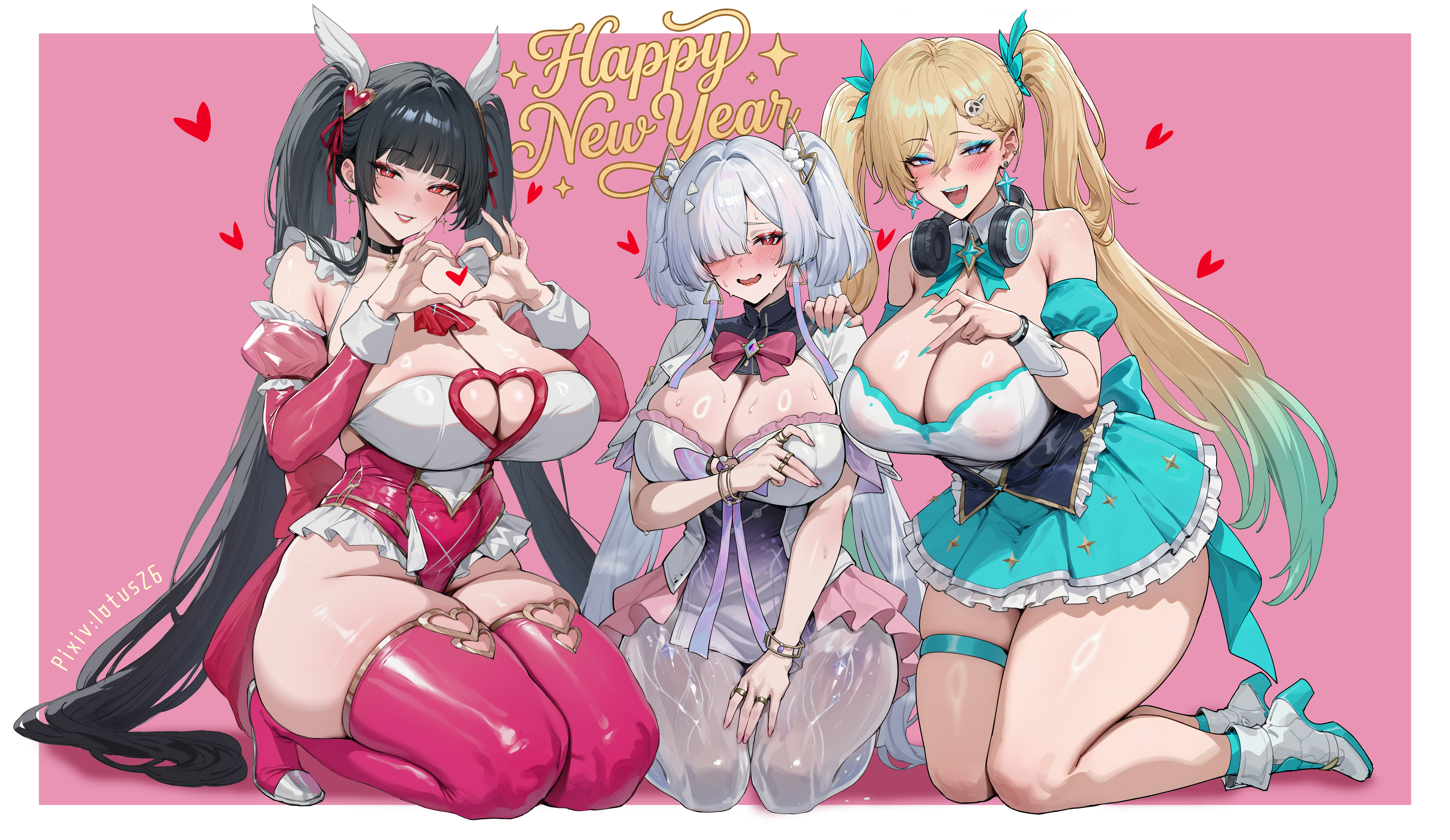 lotus26, chisa (wuthering waves), lynae (wuthering waves), mornye (wuthering waves), wuthering waves, absurdres, ai-assisted, commentary request, highres, incredibly absurdres, breasts, curvy, earrings, huge breasts, jewelry, large breasts, plump