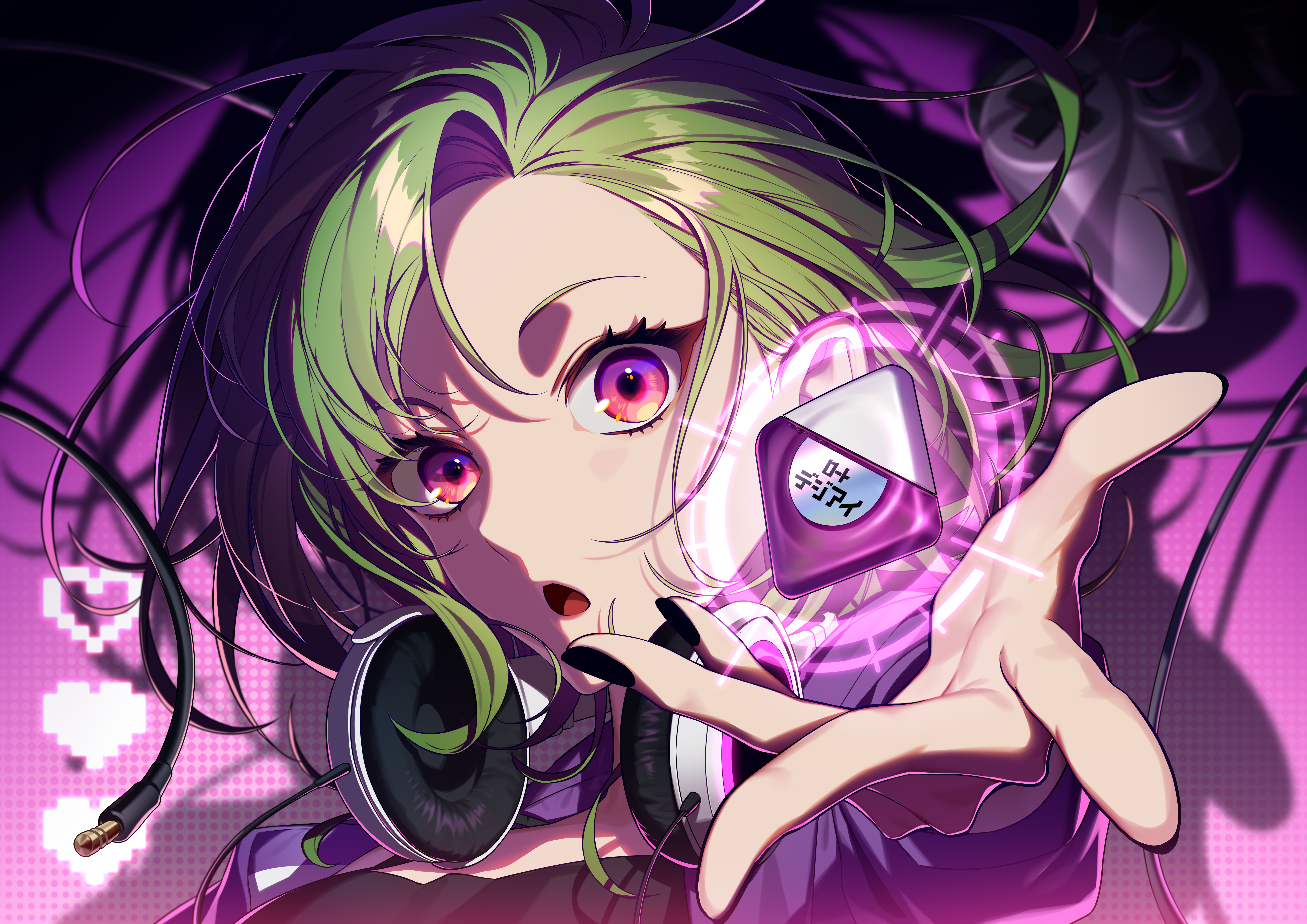 13 (bbr584607091), original, absurdres, commentary request, highres, object request, 1girl, :o, black background, black shirt, gradient background, gradient hair, green hair, halftone, halftone background, hand up, headphones, headphones around neck, jacket, multicolored hair, pink background, pink eyes, purple background, purple eyes, purple jacket, shadow, shirt, short hair, solo, upper body