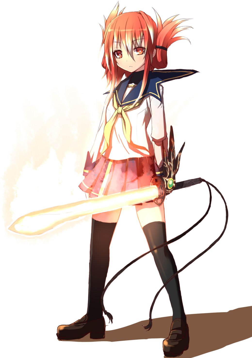 hiraga matsuri, hirasato, original, highres, 1girl, energy sword, female focus, full body, red eyes, red hair, school uniform, serafuku, simple background, solo, sword, thighhighs, weapon, white background, zettai ryouiki