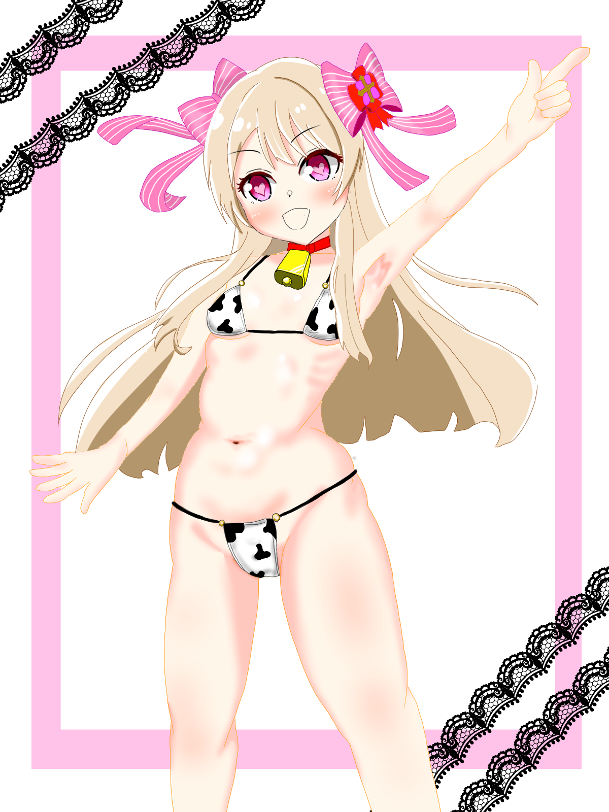 chaos marie (grimms notes), grimms notes, 1girl, arm up, blonde hair, blush, breasts, cow print, cow print bikini, hair ribbon, looking at viewer, mina37shun, navel, open mouth, pink eyes, pink ribbon, print bikini, ribbon, small breasts, smile