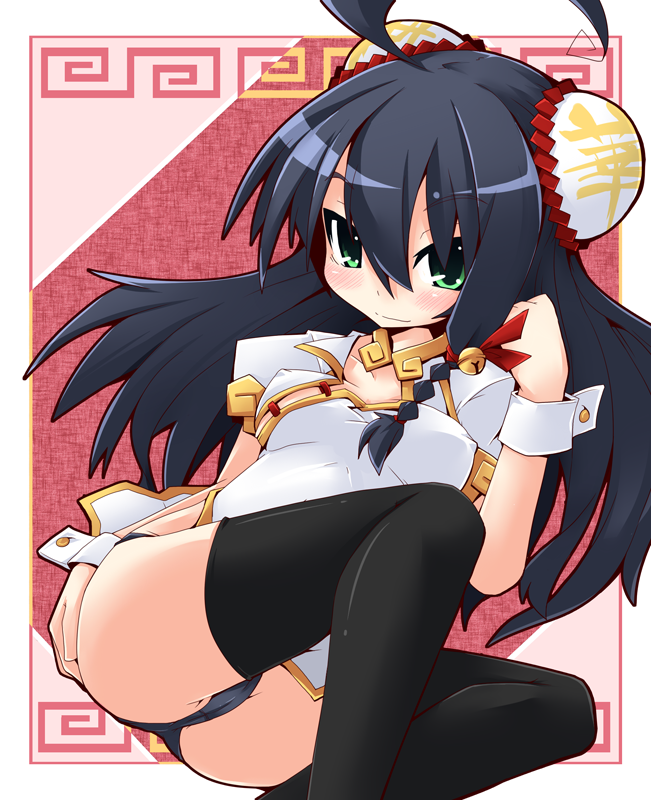 reku, original, 1girl, ahoge, black hair, blush, breasts, cameltoe, china dress, chinese clothes, covered erect nipples, double bun, dress, female focus, green eyes, hair bun, long hair, medium breasts, smile, solo, thighhighs, zettai ryouiki