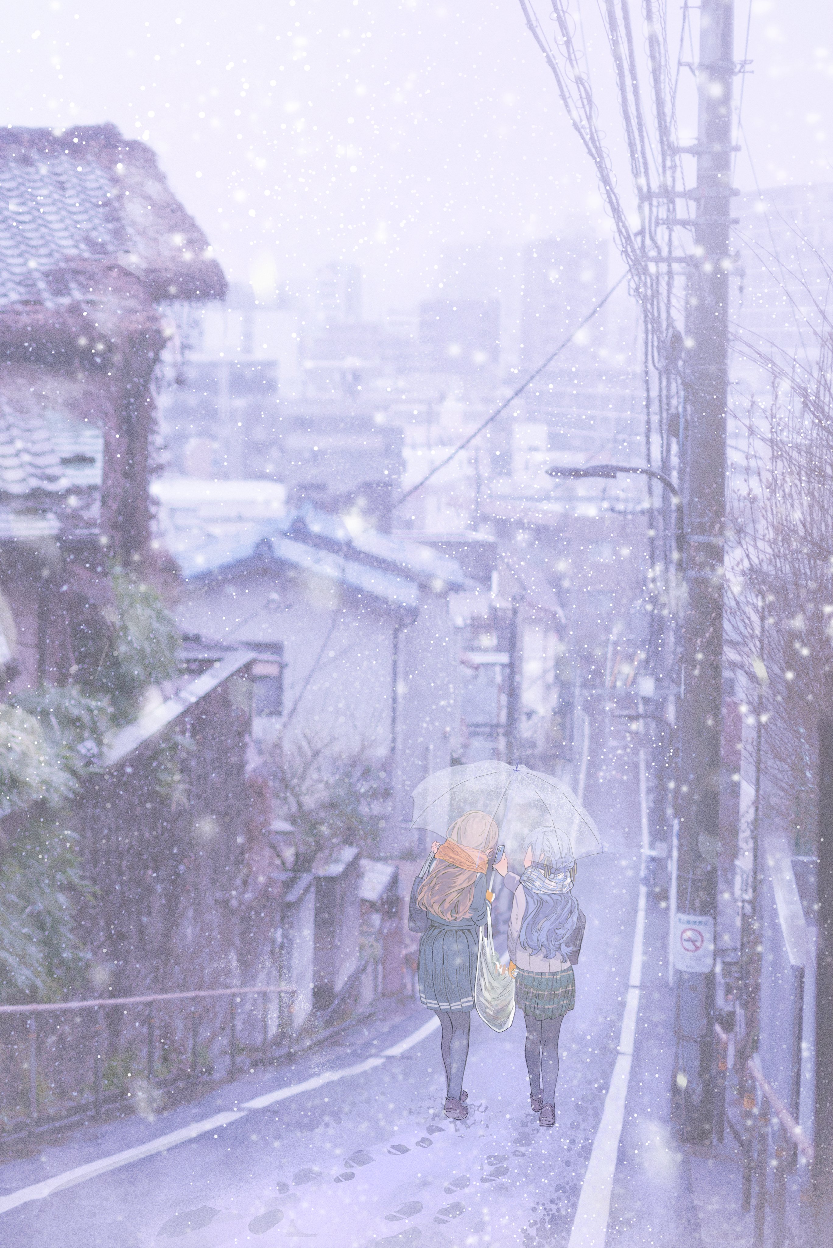 luyangliu, nagasaki soyo, togawa sakiko, bang dream!, bang dream! it's mygo!!!!!, absurdres, commentary, highres, symbol-only commentary, 2girls, black pantyhose, blue hair, blue scarf, blue shirt, blue skirt, brown hair, building, cellphone, footprints, green skirt, grey jacket, haneoka school uniform, holding, holding phone, jacket, multiple girls, orange scarf, outdoors, pantyhose, phone, pleated skirt, power lines, real world location, road, scarf, school uniform, shared umbrella, shirt, skirt, smartphone, snow, tokyo (city), toshima (tokyo), tsukinomori school uniform, umbrella