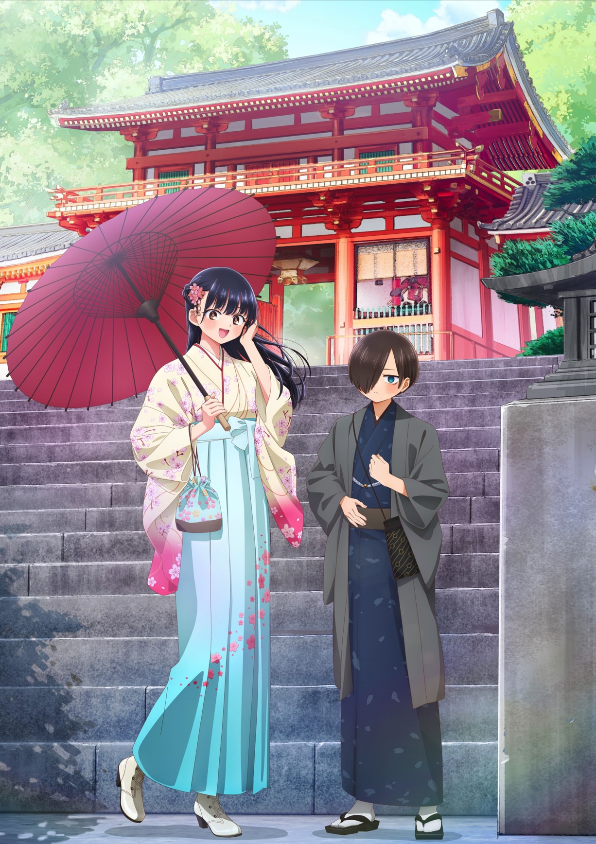 ichikawa kyoutarou, yamada anna, boku no kokoro no yabai yatsu, highres, official art, 1boy, 1girl, aqua hakama, black hair, black haori, black kimono, black sandals, blue eyes, brown eyes, brown hair, flower, full body, hair flower, hair ornament, hair over one eye, hakama, hakama skirt, haori, holding, holding umbrella, japanese clothes, kimono, kinchaku, looking at viewer, oil-paper umbrella, open mouth, pouch, red umbrella, sandals, shrine, skirt, smile, stairs, standing, umbrella, yellow kimono
