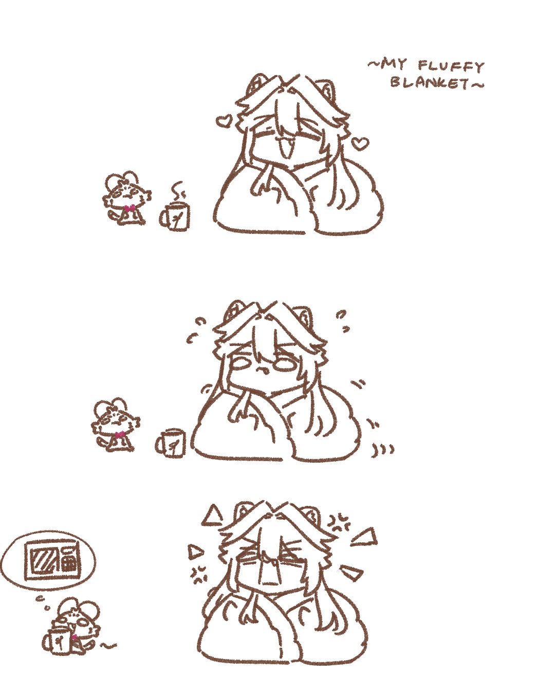 sappysque, chattino (raora panthera), raora panthera, hololive, hololive english, commentary, english commentary, highres, 1girl, ^ ^, anger vein, animal ears, closed eyes, cup, fang, hair intakes, long hair, microwave, monochrome, mug, open mouth, panther ears, panther girl, smile, spoken object, spot color, virtual youtuber, wrapped in blanket