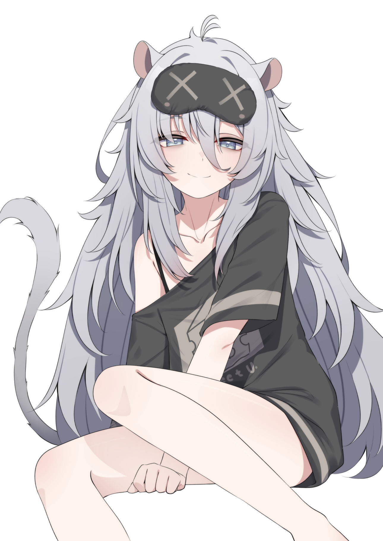 valefal coneri, clauvio (vtuber), indie virtual youtuber, commentary, english commentary, highres, 1girl, ahoge, animal ears, bare legs, blindfold, bra strap, closed mouth, clothes writing, collarbone, grey eyes, grey hair, hair between eyes, long hair, long hair between eyes, looking at viewer, mask, mask on head, mouse ears, mouse girl, mouse tail, oversized clothes, oversized shirt, print shirt, shirt, short sleeves, simple background, sitting, sleep mask, smile, solo, t-shirt, tail, very long hair, virtual youtuber, white background