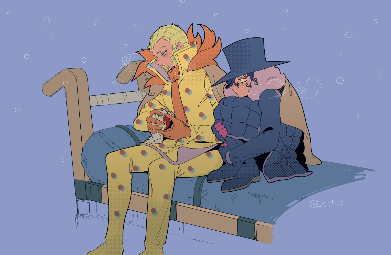 katori (katokichi), magenta magenta, wekapipo, jojo no kimyou na bouken, steel ball run, commentary request, highres, 2boys, bed, blonde hair, blue background, blue hat, facial hair, gloves, goatee, hat, looking at another, male focus, multiple boys, mustache, on bed, orange gloves, popped collar, purple hair, runny nose, short hair, sitting, snot, very short hair, yellow eyes