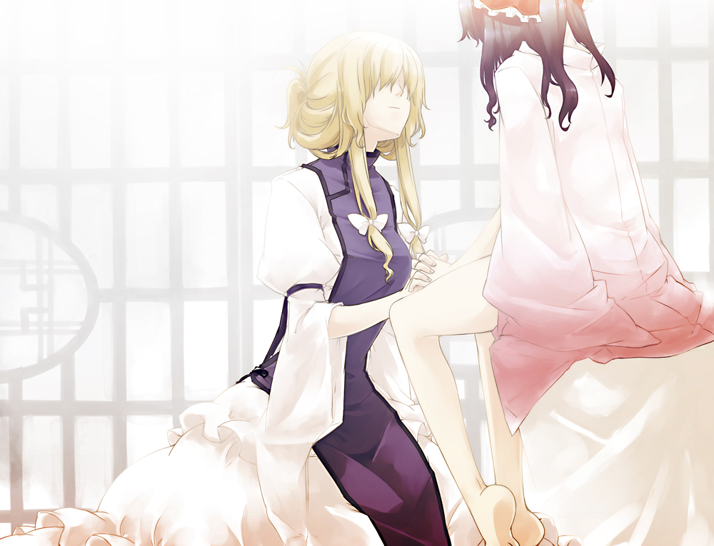 sakuraba yuuki, hakurei reimu, yakumo yukari, touhou, 2girls, barefoot, blonde hair, bottomless, brown hair, couple, dress, dress shirt, feet, female focus, hair ribbon, holding hands, kneeling, multiple girls, ribbon, shirt, sitting, yuri