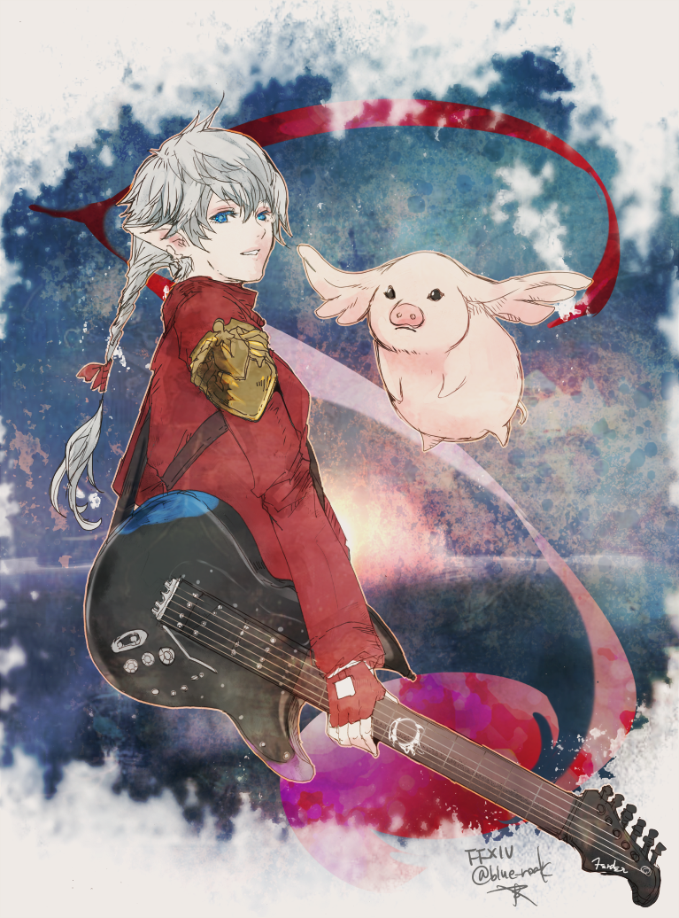 ruka (blueplus84), alisaie leveilleur, final fantasy, final fantasy xiv, commentary, english commentary, 1girl, blue eyes, copyright name, earrings, electric guitar, elezen, elf, fender stratocaster, fingerless gloves, flying pig, gloves, grey hair, guitar, hair ribbon, holding, holding guitar, holding instrument, instrument, jewelry, long hair, long sleeves, merchandise, pig, pointy ears, ponytail, red gloves, red ribbon, ribbon, twitter username