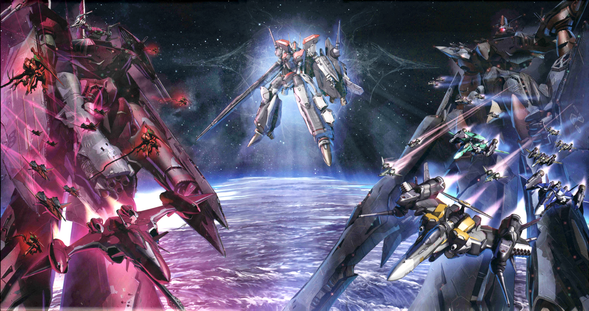 battle frontier, battle galaxy, macross galaxy, macross quarter, v-9, vajra (macross), vf-25, vf-27, macross, macross frontier, jet, highres, spoilers, 00s, aircraft, airplane, battle, battleship, epic, mecha, military, military vehicle, n.u.n.s., no humans, planet, robot, s.m.s., ship, space, spacecraft, storm attacker, warship, watercraft