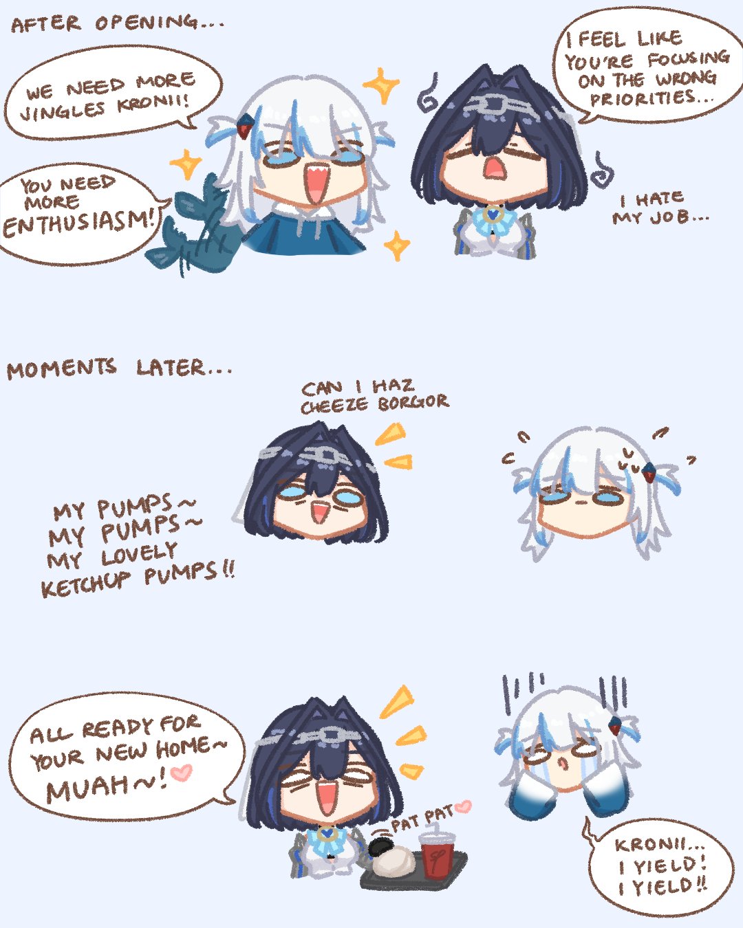 sappysque, gawr gura, gawr gura (1st costume), ouro kronii, ouro kronii (1st costume), hololive, hololive english, commentary, english commentary, highres, 2girls, blue hair, bow, brooch, burger, cup, drinking straw, english text, fins, fish tail, food, gloom (expression), hair intakes, hair ornament, hairband, jewelry, medium hair, multicolored hair, multiple girls, open mouth, shark hair ornament, shark tail, smile, streaked hair, tail, tail wagging, tears, tray, virtual youtuber, white hair