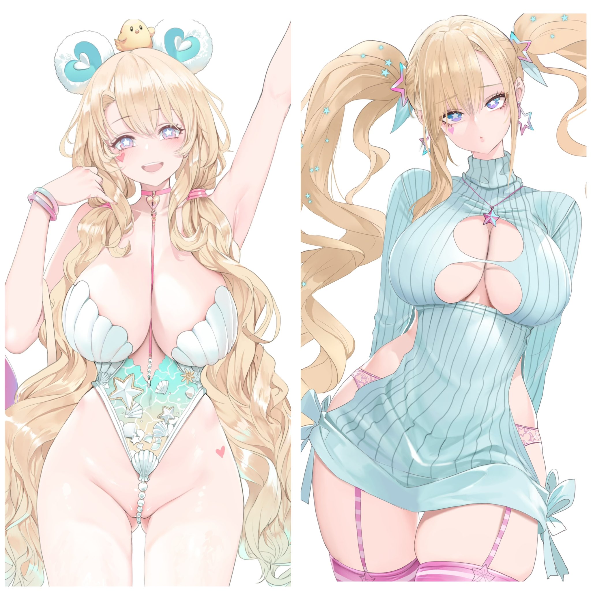 dishwasher1910, original, commentary, english commentary, highres, 2girls, aqua one-piece swimsuit, aqua sweater, arm up, armpits, blonde hair, blue eyes, breasts, choker, cleavage, cleavage cutout, clothing cutout, dress, drill hair, earrings, facial mark, garter straps, gradient eyes, hair ornament, heart, heart facial mark, jewelry, long hair, long sleeves, low twintails, multicolored eyes, multiple girls, necklace, one-piece swimsuit, open mouth, panties, partially visible vulva, pink choker, pink eyes, pink panties, purple eyes, purple hair, revealing clothes, ribbed sweater, side cutout, star-shaped pupils, star (symbol), star earrings, striped clothes, striped thighhighs, sweater, sweater dress, swimsuit, symbol-shaped pupils, thick thighs, thighhighs, thighs, turtleneck, turtleneck sweater, twin drills, twintails, underwear, very long hair, wavy hair