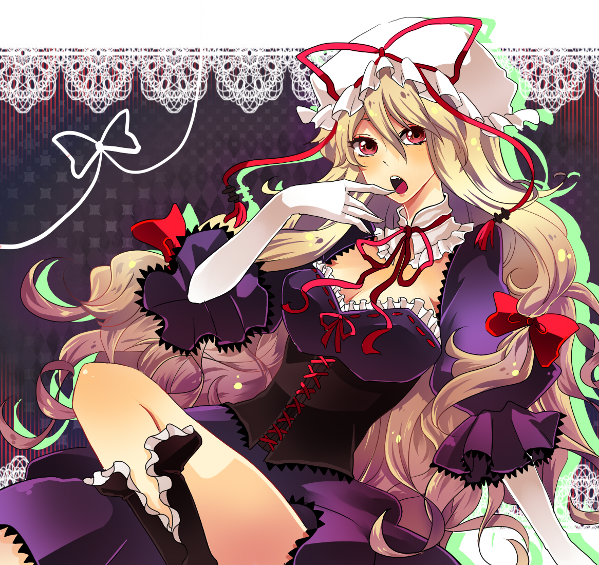 motimoti, yakumo yukari, touhou, bad id, bad pixiv id, 1girl, blonde hair, elbow gloves, female focus, gloves, hat, long hair, red eyes, solo, white gloves