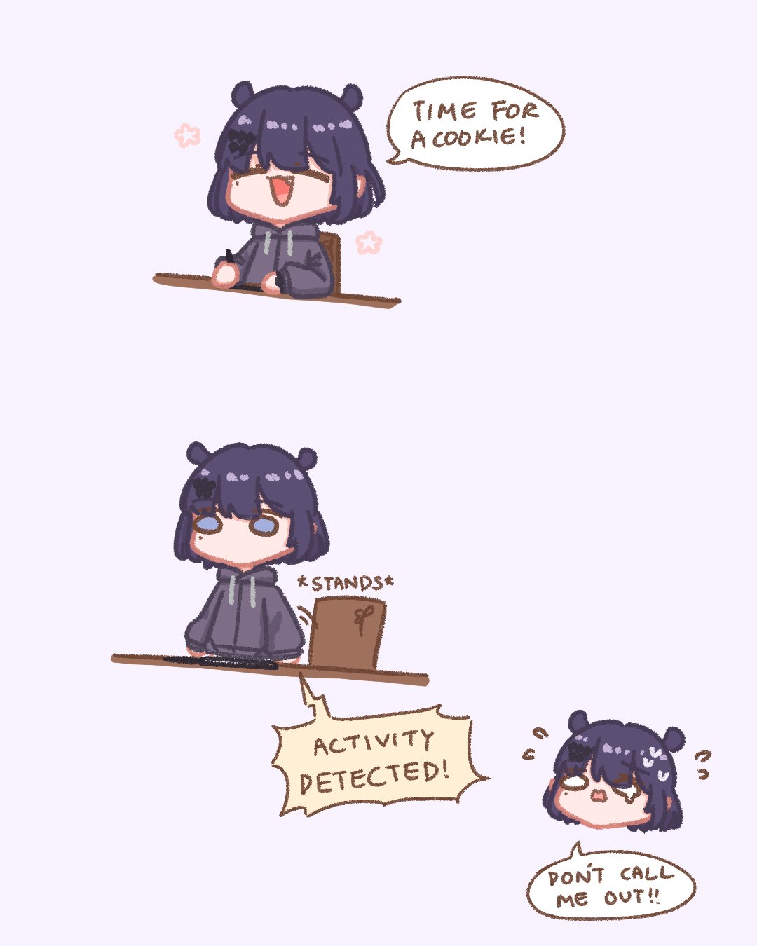 sappysque, ninomae ina'nis, ninomae ina'nis (loungewear), hololive, hololive english, commentary, english commentary, highres, 1girl, chair, desk, jacket, mole, mole under eye, open mouth, purple eyes, purple hair, short hair, smile, solo, stylus, tears, tentacle hair, virtual youtuber