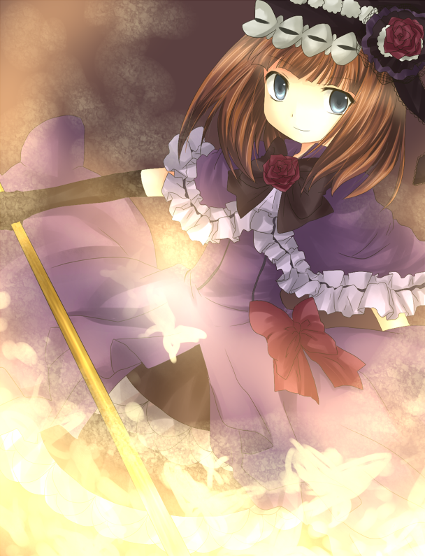 marimaru, eva beatrice, umineko no naku koro ni, bad id, bad pixiv id, 00s, 1girl, blue eyes, bow, bug, butterfly, dress, elbow gloves, female focus, flower, gloves, hat, orange hair, rose, solo, staff