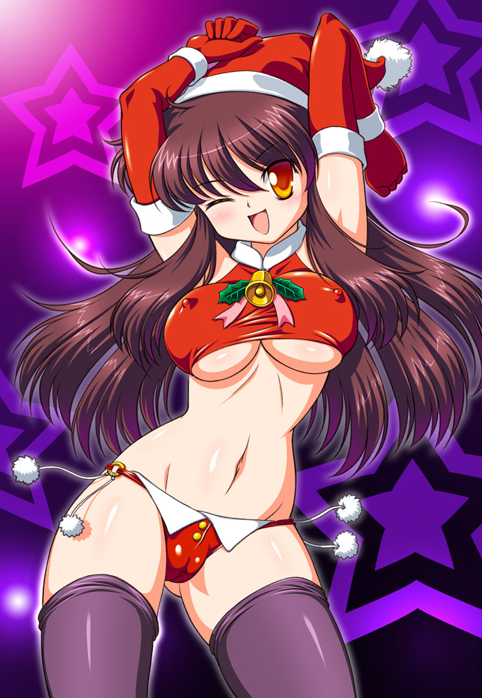 tanuki yousuke, original, 1girl, ;d, arms up, breasts, brown hair, cameltoe, christmas, covered erect nipples, elbow gloves, female focus, gloves, hat, large breasts, latex, latex gloves, long hair, navel, one eye closed, open mouth, orange eyes, red gloves, santa costume, santa hat, smile, solo, thighhighs, underboob, wink
