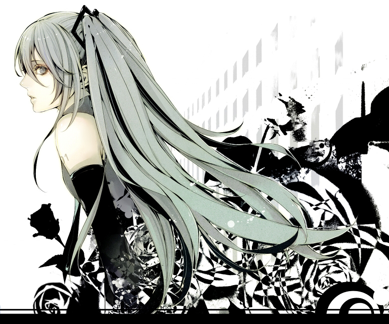 asahil, hatsune miku, vocaloid, bad id, bad piapro id, 1girl, aqua eyes, aqua hair, detached sleeves, female focus, long hair, pale color, partially colored, solo, twintails, very long hair