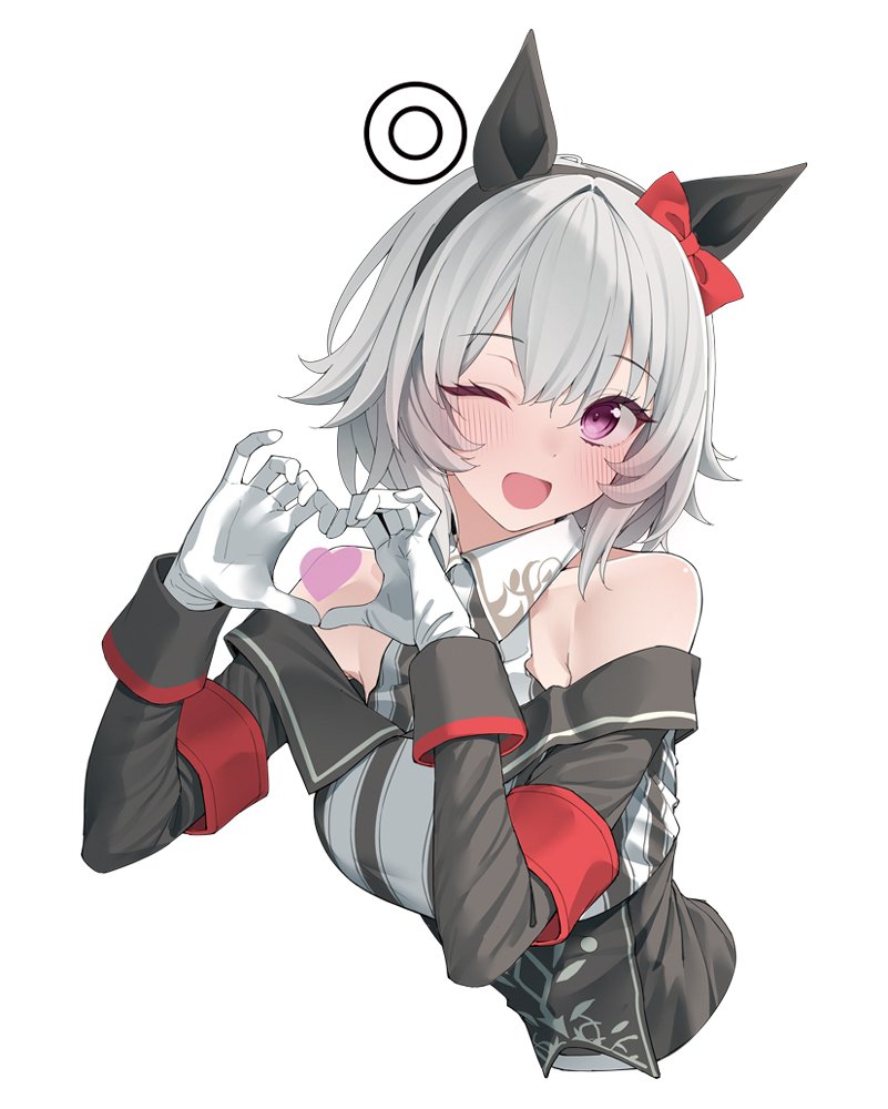 kawai ritsu (rits meg), curren chan (fille eclair) (umamusume), curren chan (umamusume), umamusume, commentary request, 1girl, animal ears, bare shoulders, blush, bow, breasts, coat, dress, ear bow, ear covers, gloves, grey hair, horse ears, horse girl, long sleeves, looking at viewer, off-shoulder coat, off-shoulder dress, off-shoulder jacket, off shoulder, purple eyes, red bow, short hair, simple background, smile, solo, striped clothes, striped dress, vertical-striped clothes, vertical-striped dress, white gloves