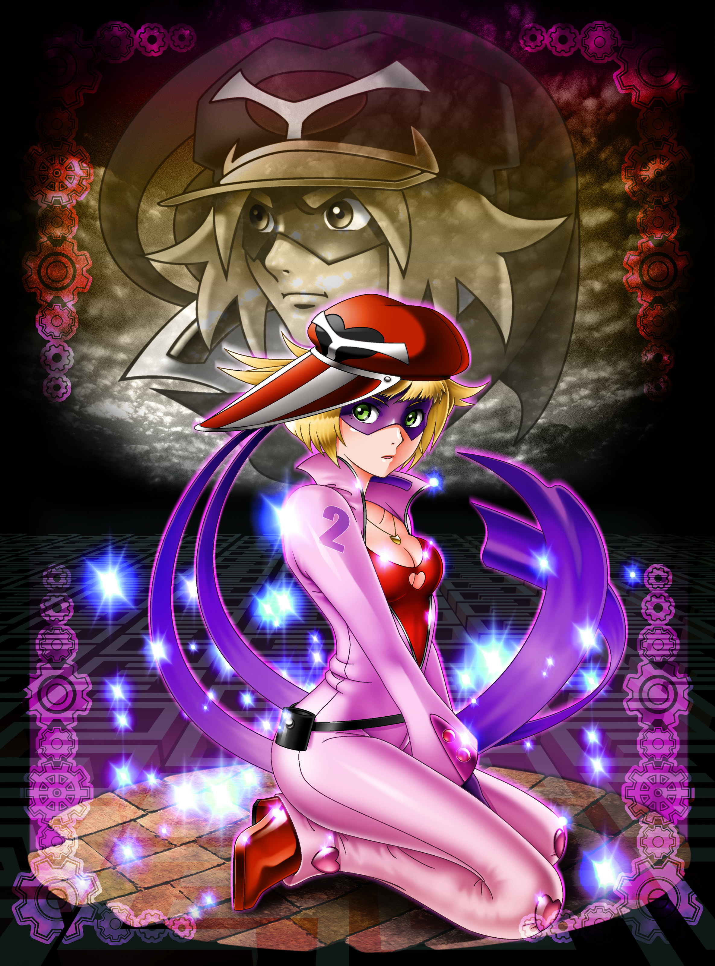 katsuo.black, ai-chan, gan-chan, kaminari ai, takada gan, tatsunoko production, time bokan (series), yatterman, absurdres, bad id, bad pixiv id, highres, 1boy, 1girl, blonde hair, bodysuit, breasts, brick, cleavage, covering crotch, covering privates, gears, green eyes, hat, jewelry, kneeling, mask, necklace, open clothes, open shirt, ribbon, shirt, shoes, short hair, sparkle, v arms