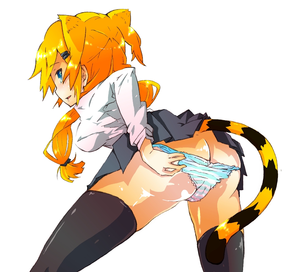 mochi hanpen, 1girl, ass, blonde hair, blue eyes, breasts, butt crack, female focus, panties, perspective, simple background, solo, striped clothes, striped panties, tail, thighhighs, underwear, upskirt, white background