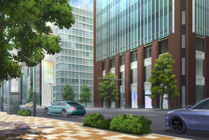 yu02257951, original, commentary request, apartment, building, car, city, hedge, motor vehicle, no humans, plant, road, scenery, sidewalk, street, tree, tree shade, utility pole